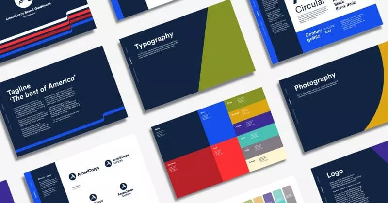 Layout of AmeriCorps brand guidelines featuring pages on typography, logo, colour palette, tagline, and photography, using a bold mix of navy, red, blue, olive, and mustard tones.