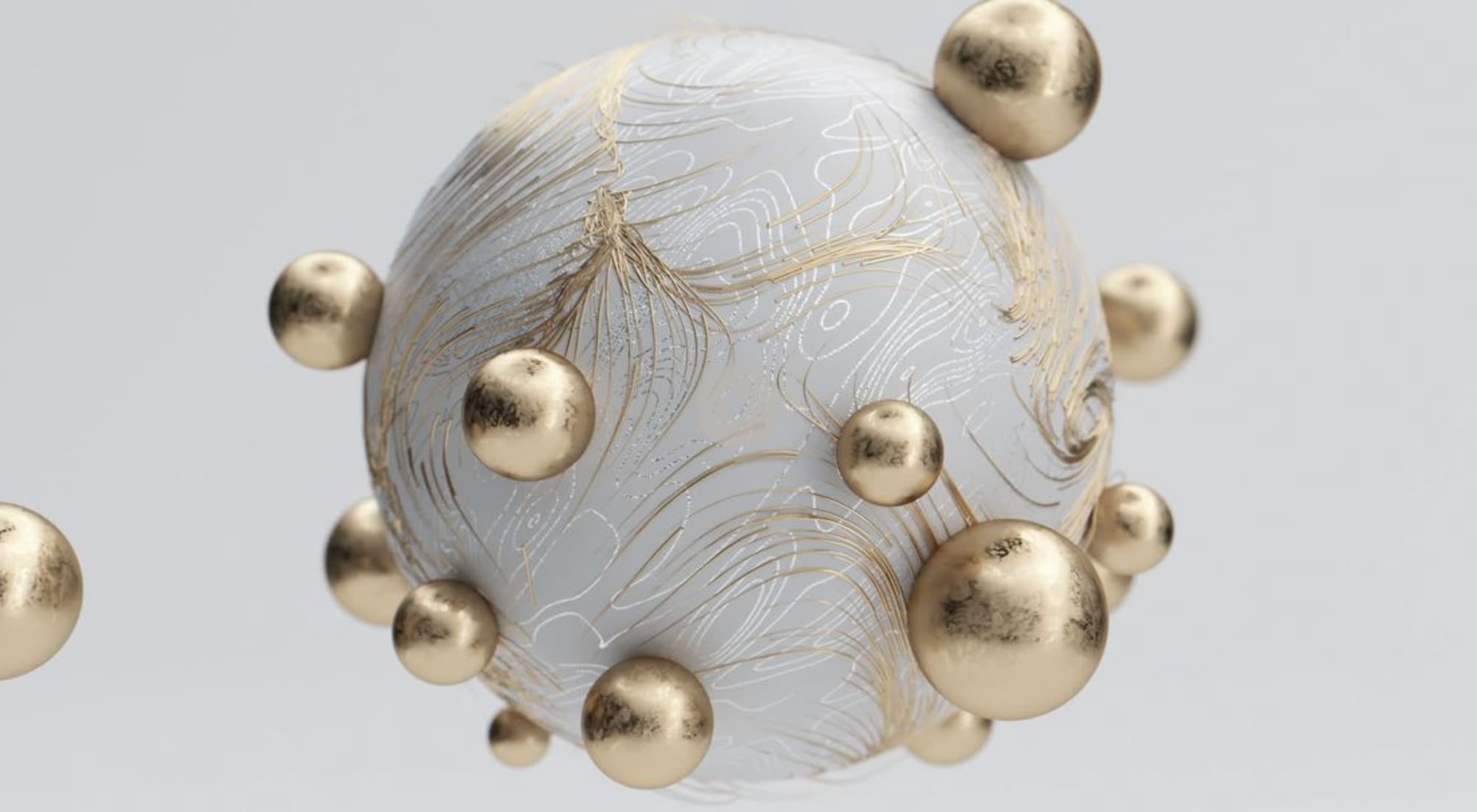 Abstract 3D rendering of a white sphere with delicate gold line patterns, surrounded by smaller metallic gold spheres on thin stems against a light background.