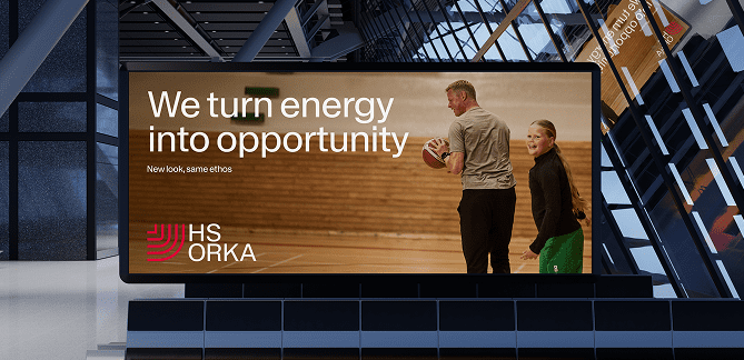 A grid of HS Orka brand identity elements showing the refreshed visual system. The layout includes the HS Orka wordmark, a circular line-based icon suggesting energy flow, bold red graphic shapes, and examples of typography and messaging set on light and dark backgrounds. The composition highlights the brand’s use of strong red accents, clean modern type, and structured graphic motifs that reference renewable energy, landscape, and engineering precision.