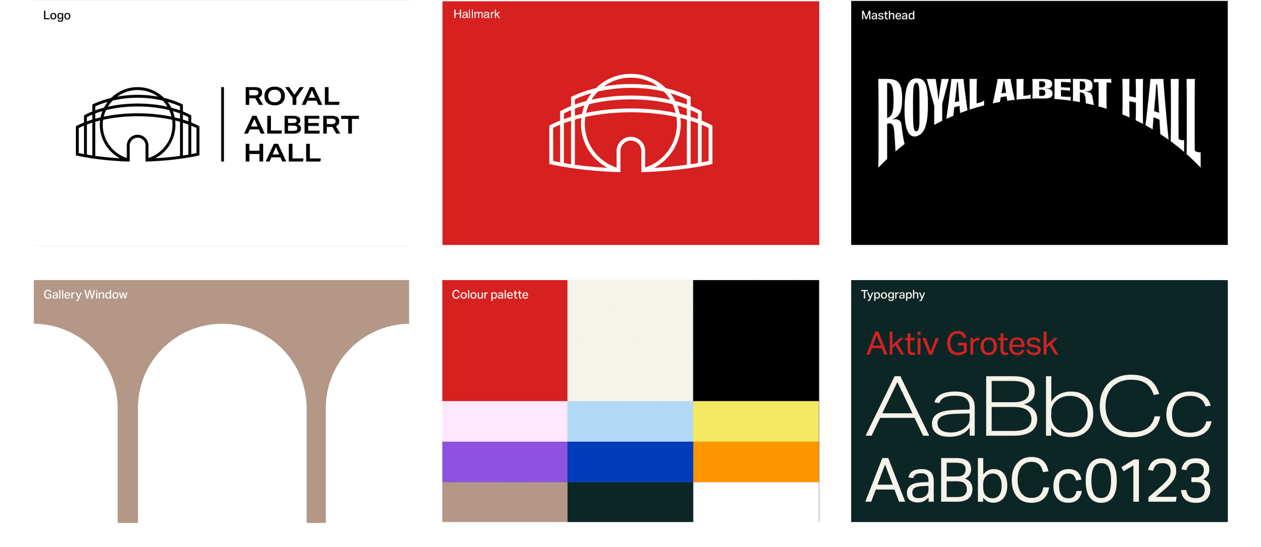 A grid of six visual brand identity elements for the Royal Albert Hall’s refreshed visual system. Top left shows a simplified black outline logo of the hall’s distinctive domed building next to the words “ROYAL ALBERT HALL” on a white background. Top center shows the hall’s line-art hallmark icon in white on a bold red background. Top right shows a black panel with “ROYAL ALBERT HALL” in a curved masthead typeface echoing the building’s shape. Bottom left shows a graphic “gallery window” motif with simple arch shapes in beige on white. Bottom center displays the colour palette with blocks of royal red, black, cream, bright blue, yellow, purple, and other accent hues. Bottom right shows typographic samples in the Aktiv Grotesk typeface