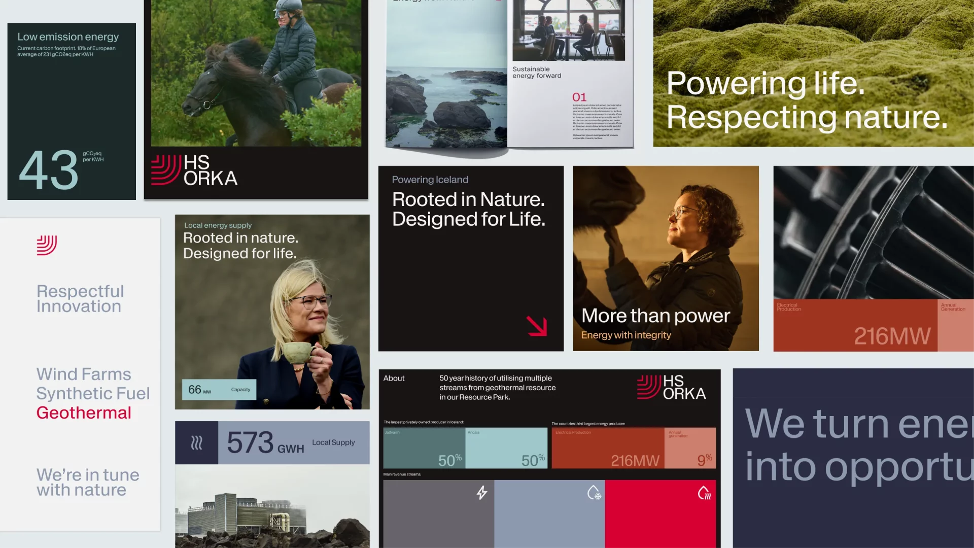 A horizontal display of the HS Orka brand colour palette showing a series of bold and earthy swatches arranged side by side. The palette includes deep red (inspired by geothermal pipes), rich earth tones, muted natural shades drawn from Iceland’s landscape, and complementary neutrals that reflect volcanic ground, sky and engineered infrastructure. This visual overview highlights the brand’s use of warm accent red alongside grounded, natural hues to evoke both energy and place in the company’s identity.