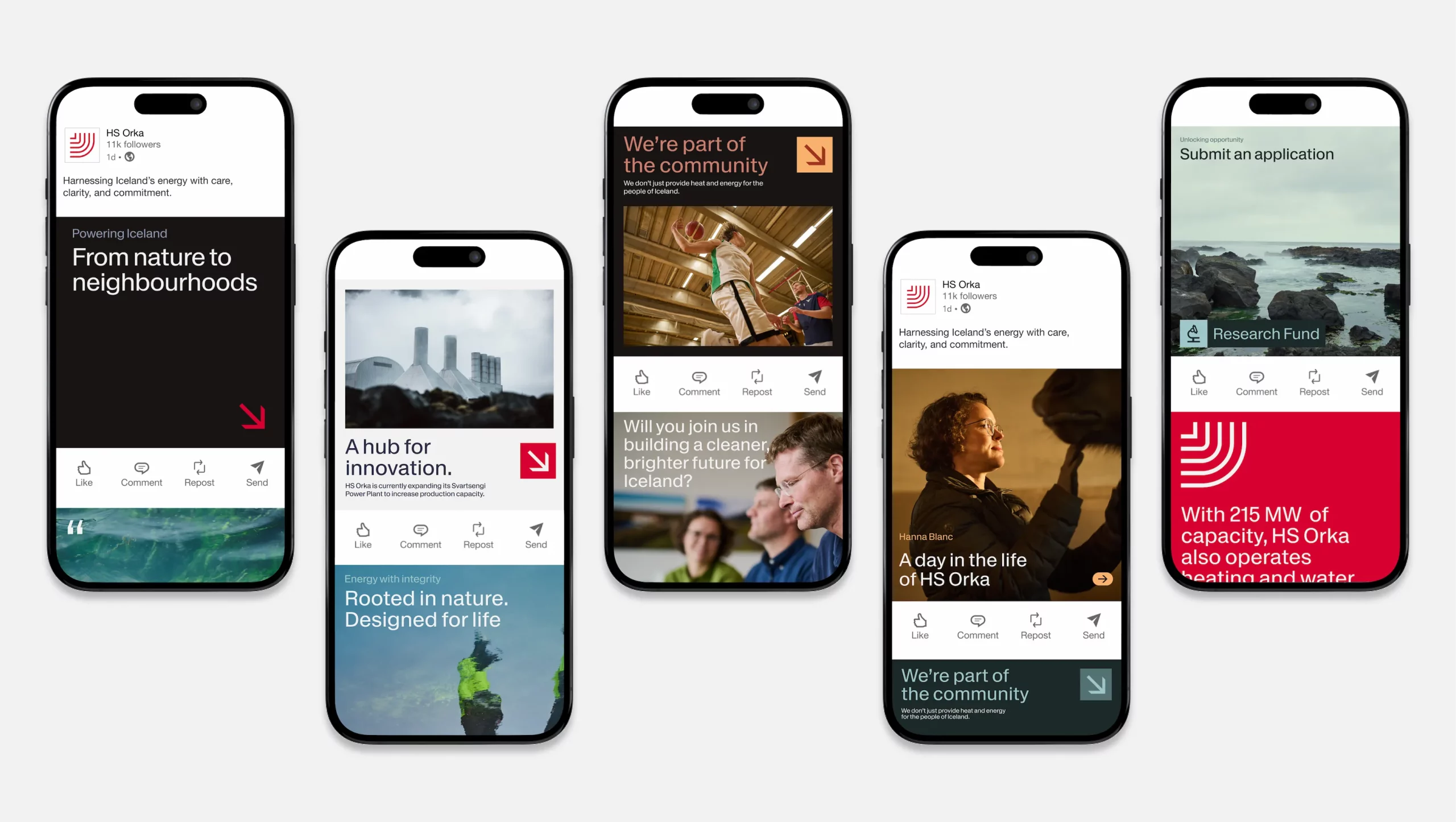 A lineup of five smartphone screens showing HS Orka social media post designs as part of the brand’s visual identity. Each phone displays a different feed-style card with a mix of photography, branded graphics, headlines and captions: one shows a dramatic coastal power station landscape with the text “From nature to neighbourhoods,” another shows an industrial scene captioned “A hub for innovation,” a third shows community activity with “We’re part of the community,” a fourth features a portrait with “A day in the life of HS Orka,” and the last shows rugged coastal scenery with a call to “Submit an application” alongside the HS Orka red branded mark. The posts combine photography of Icelandic landscapes and people with bold typography and the red and black brand palette.