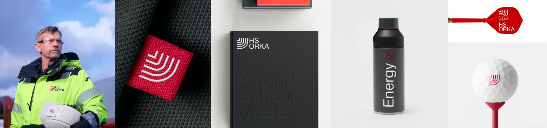 A horizontal strip of mobile app interface screens showing HS Orka brand applications. The sequence includes clean, minimal UI layouts with photography of geothermal landscapes and infrastructure, overlaid with short headlines and labels set in the brand’s modern sans-serif type. Red accent elements and simple graphic containers highlight key information, demonstrating how the HS Orka visual identity is applied consistently across digital app experiences.