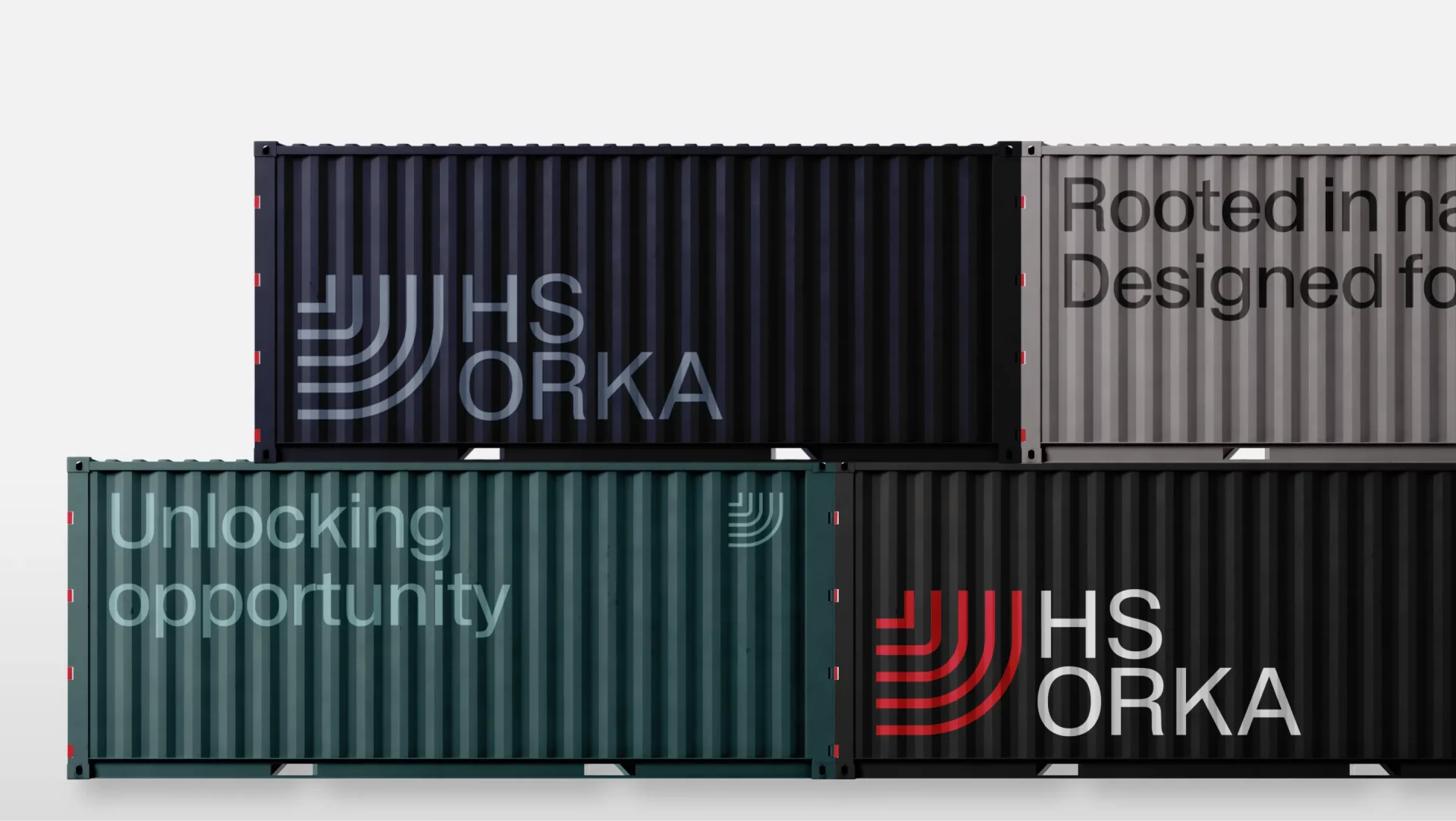 A digital layout showing various typographic “containers” used in the HS Orka brand system. The graphic features bold red headline text blocks, white and black text on contrasting backgrounds, and simple geometric frames that hold short phrases or headlines. The designs demonstrate how typography and container shapes are used together to create structured messaging, with clean sans-serif type and strong red accents against white and dark backgrounds to reflect the brand’s visual identity. (From HS Orka brand work on Brandpie.)